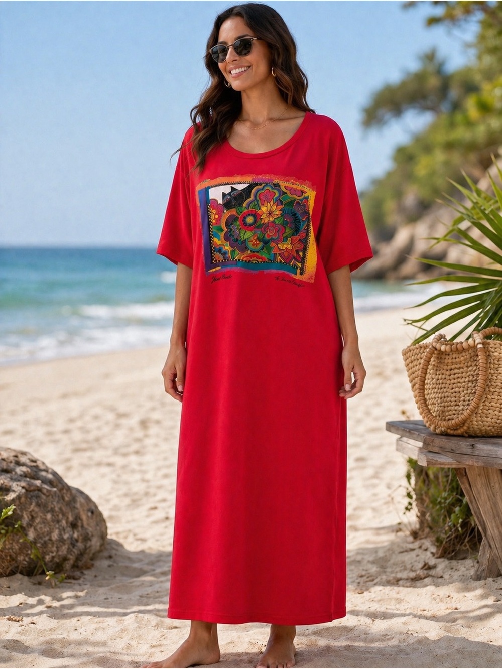 Vintage Laurel Burch Red Cat Floral Cover Up Dress OSFM Art Tee Boho Beach